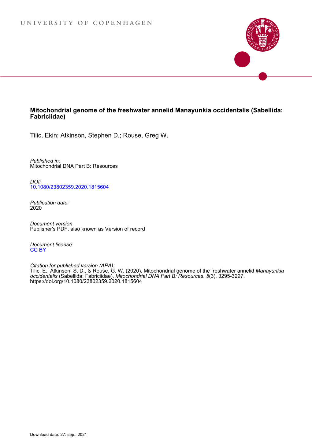 Mitochondrial Genome of the Freshwater Annelid Manayunkia Occidentalis (Sabellida: Fabriciidae)