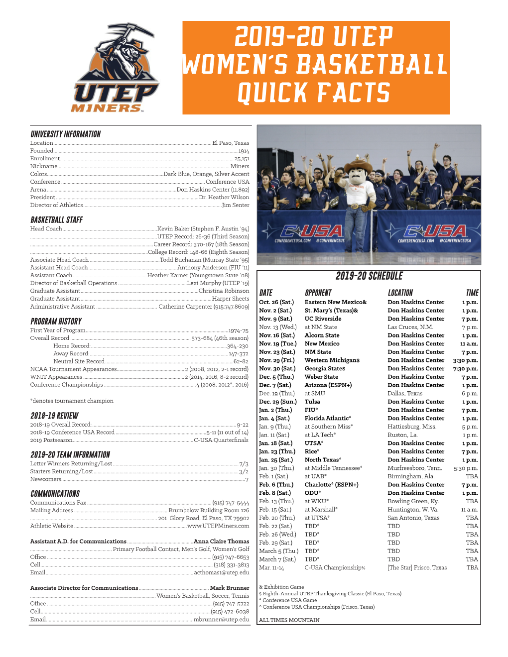 2019-20 Utep Women's Basketball Quick Facts