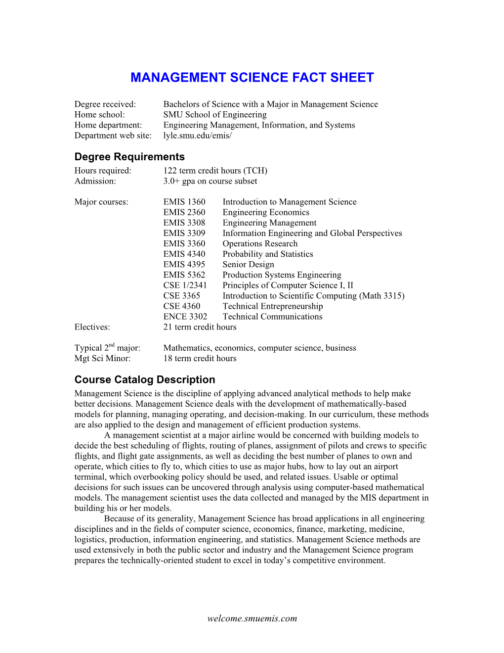 Management Science Fact Sheet