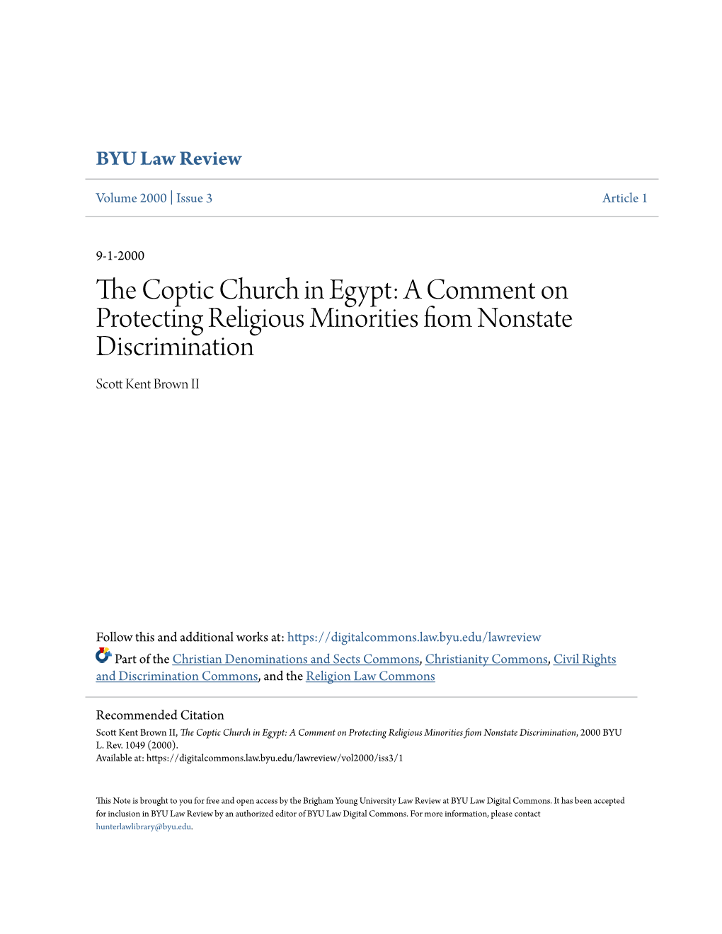 The Coptic Church in Egypt: a Comment on Protecting Religious Minorities Fiom Nonstate Discrimination, 2000 BYU L