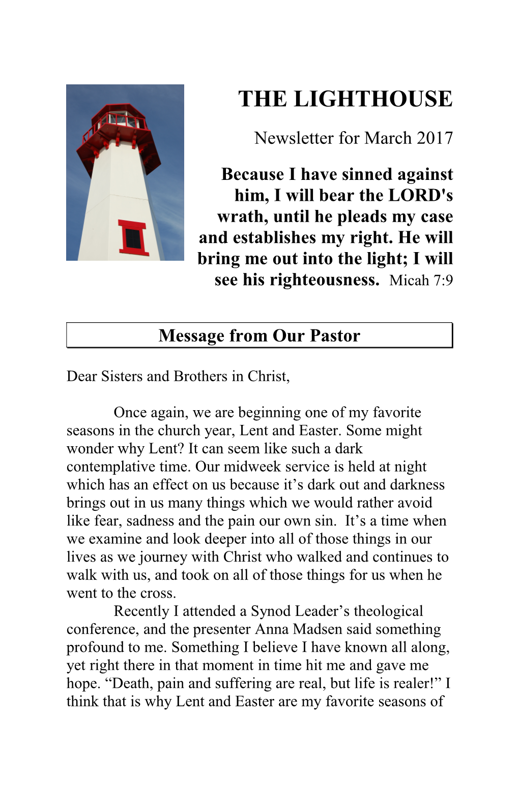 Message from Our Pastor