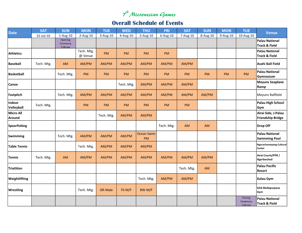 7Th Micronesian Games Overall Schedule of Events