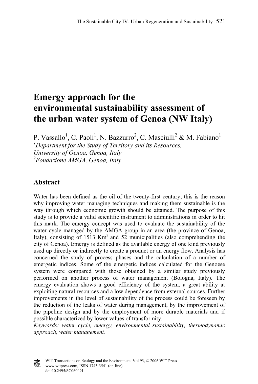 Emergy Approach for the Environmental Sustainability Assessment of the Urban Water System of Genoa (NW Italy)