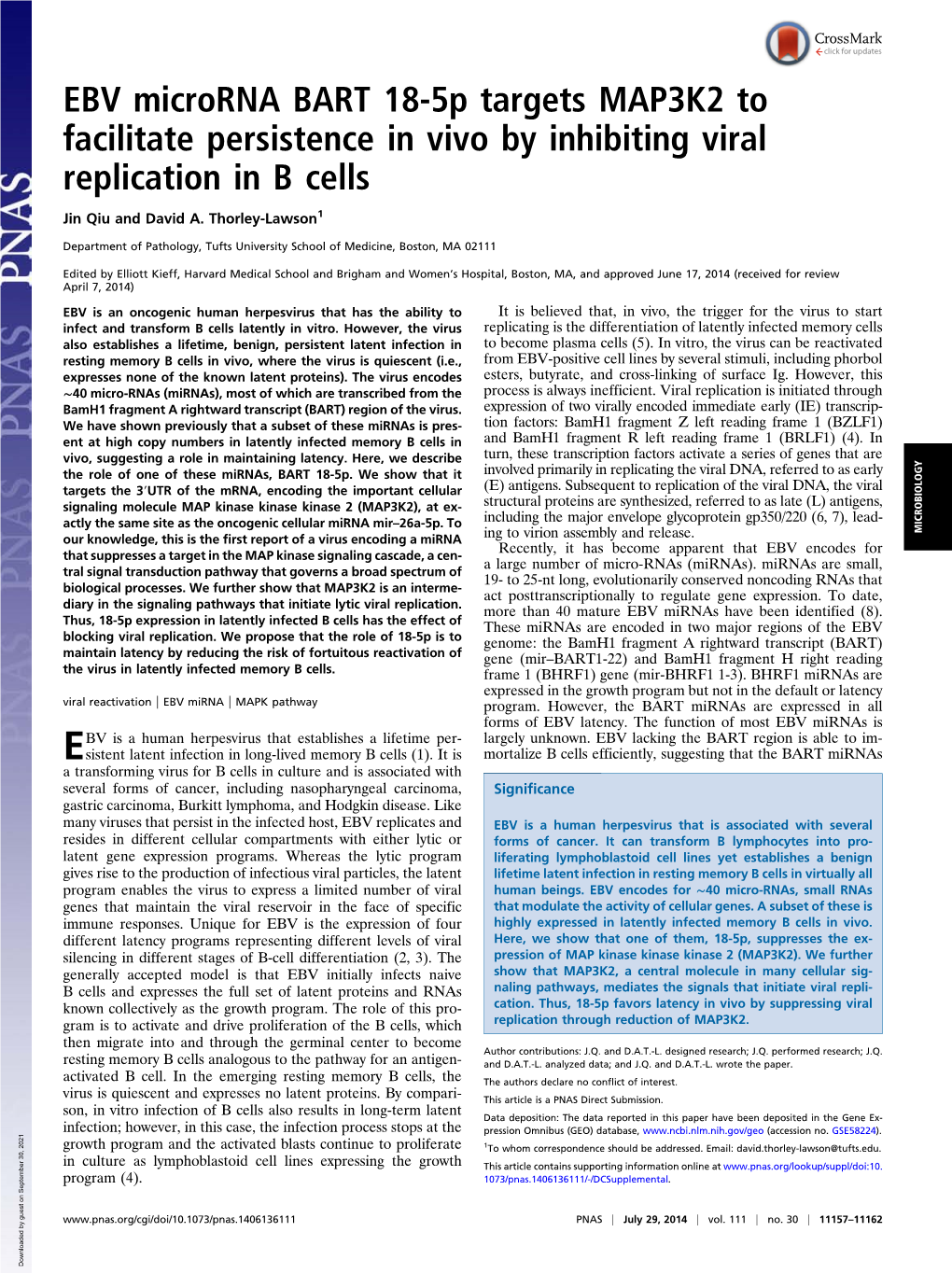 EBV Microrna BART 18-5P Targets MAP3K2 to Facilitate Persistence in Vivo by Inhibiting Viral Replication in B Cells