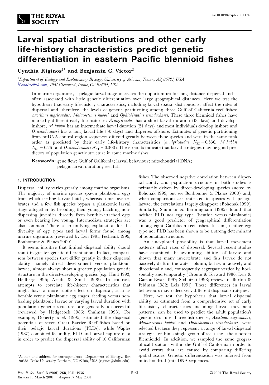 Larval Spatial Distributions and Other Early Life-History Characteristics