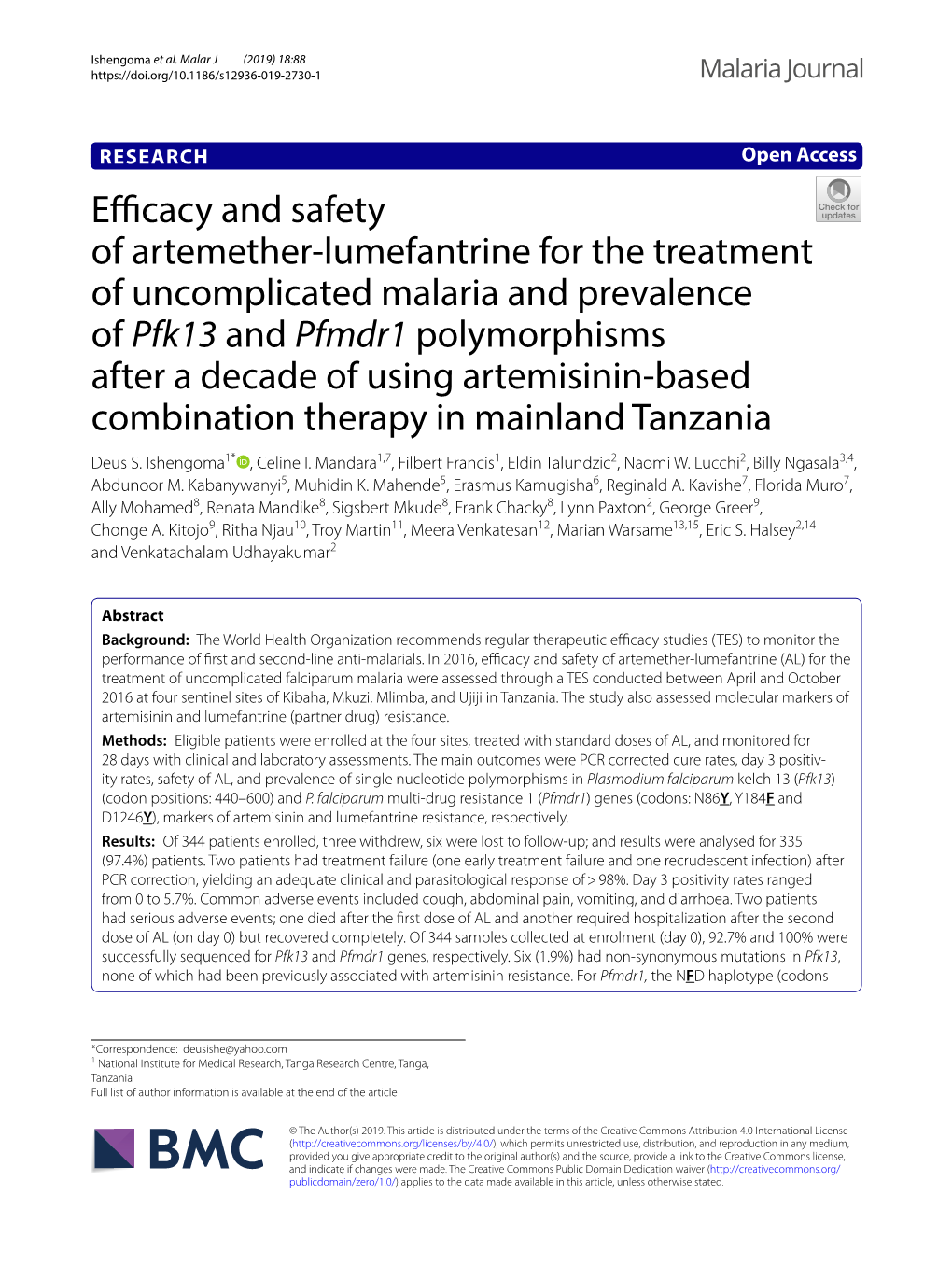 Efficacy and Safety of Artemether-Lumefantrine for The