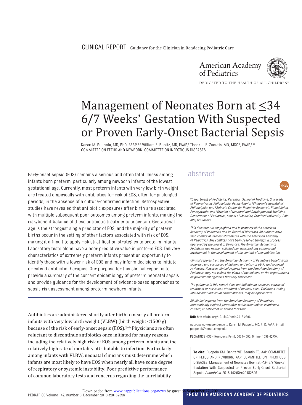 Management of Neonates Born at ≤34 6/7 Weeks' Gestation with Suspected Or Proven Early-Onset Bacterial Sepsis Karen M