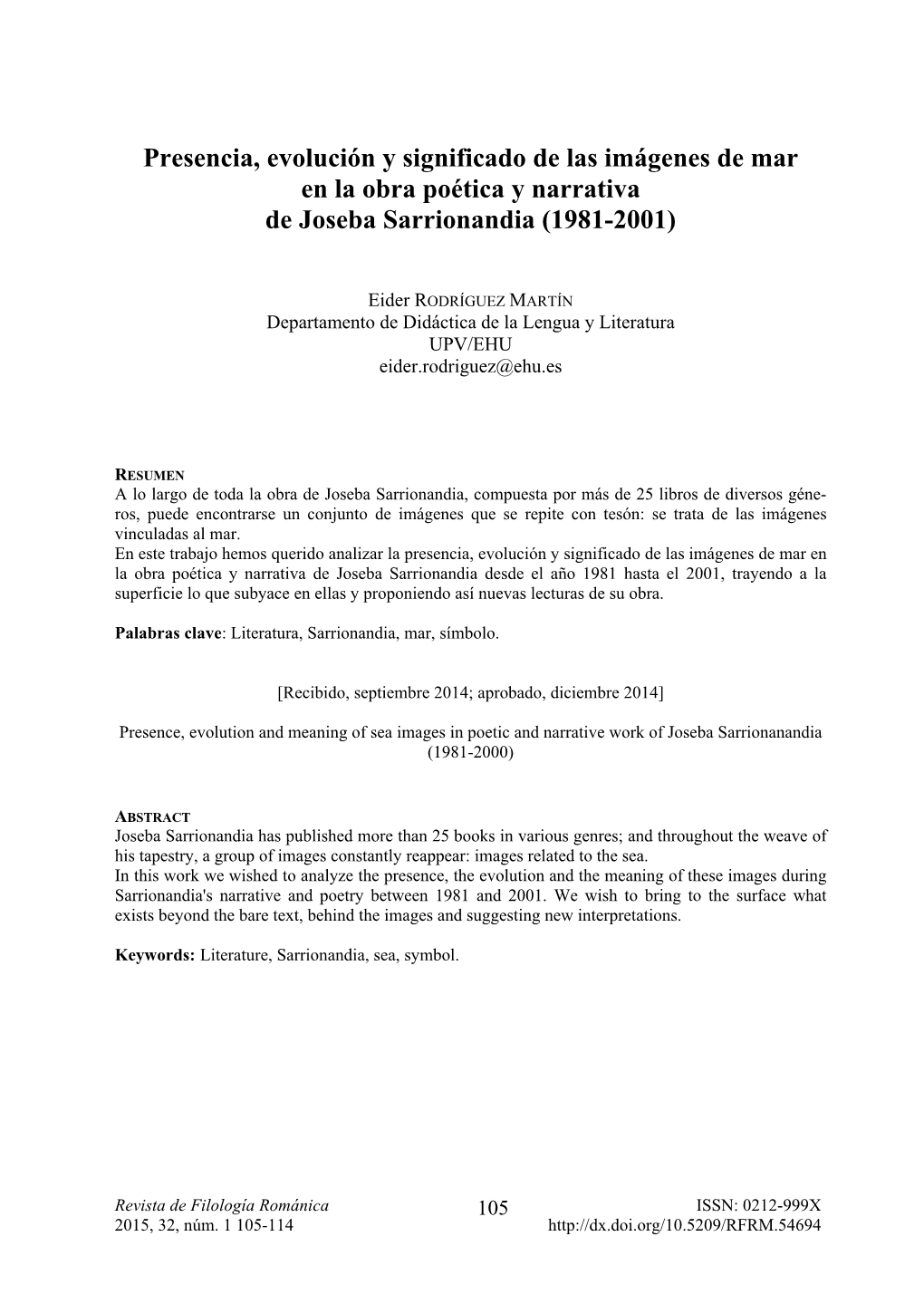 Presencia, Evolución Y Significado De Las Imágenes De Mar En La Obra Poética Y Narrativa De Joseba Sarrionandia (1981-2001)