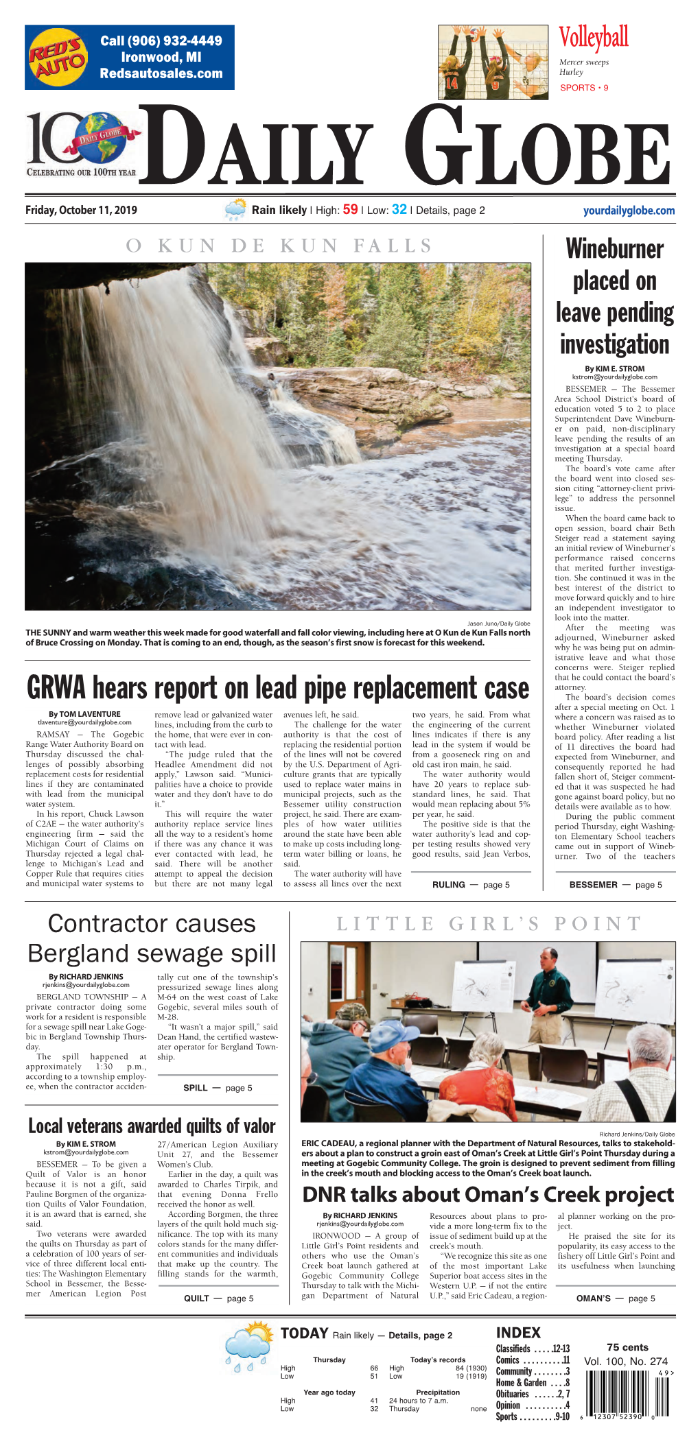 GRWA Hears Report on Lead Pipe Replacement Case the Board’S Decision Comes After a Special Meeting on Oct