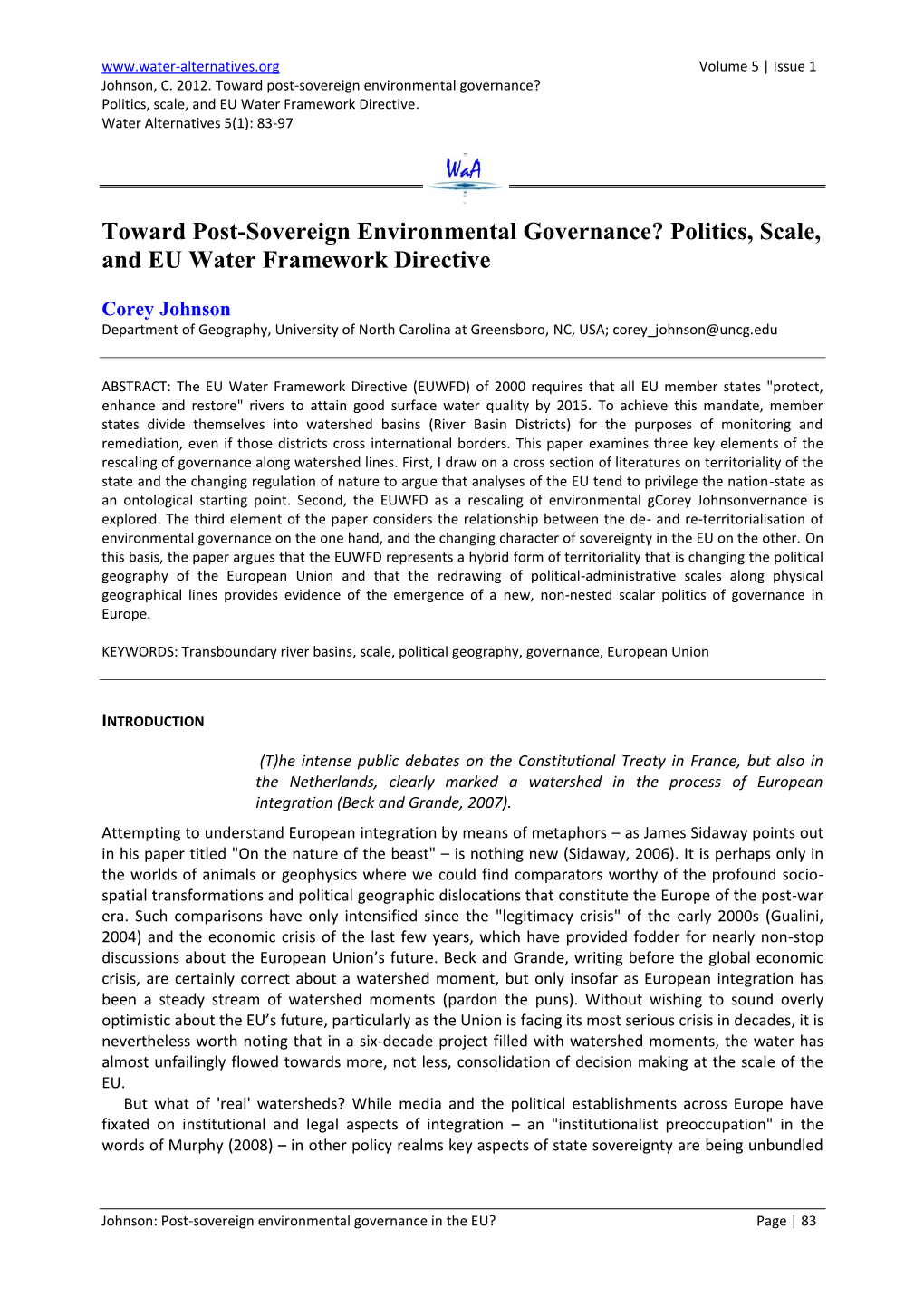 Toward Post-Sovereign Environmental Governance? Politics, Scale, and EU Water Framework Directive