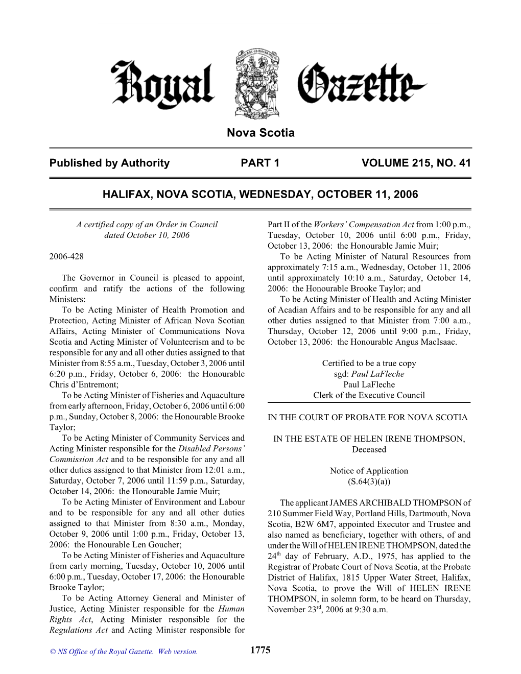 NS Royal Gazette Part I