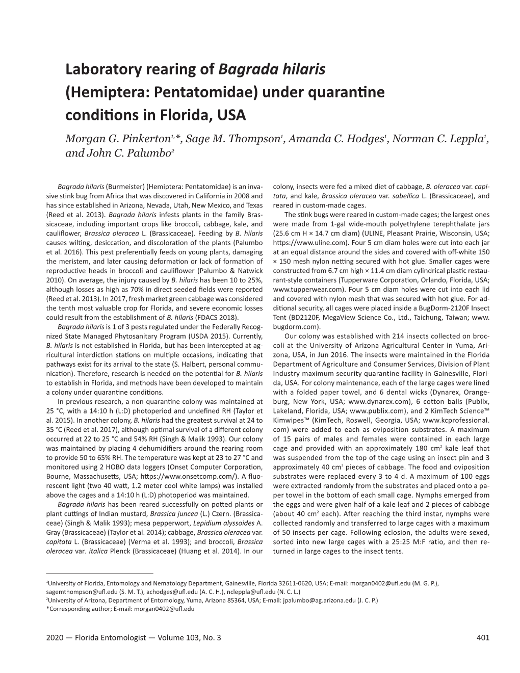 Laboratory Rearing of Bagrada Hilaris (Hemiptera: Pentatomidae) Under Quarantine Conditions in Florida, USA