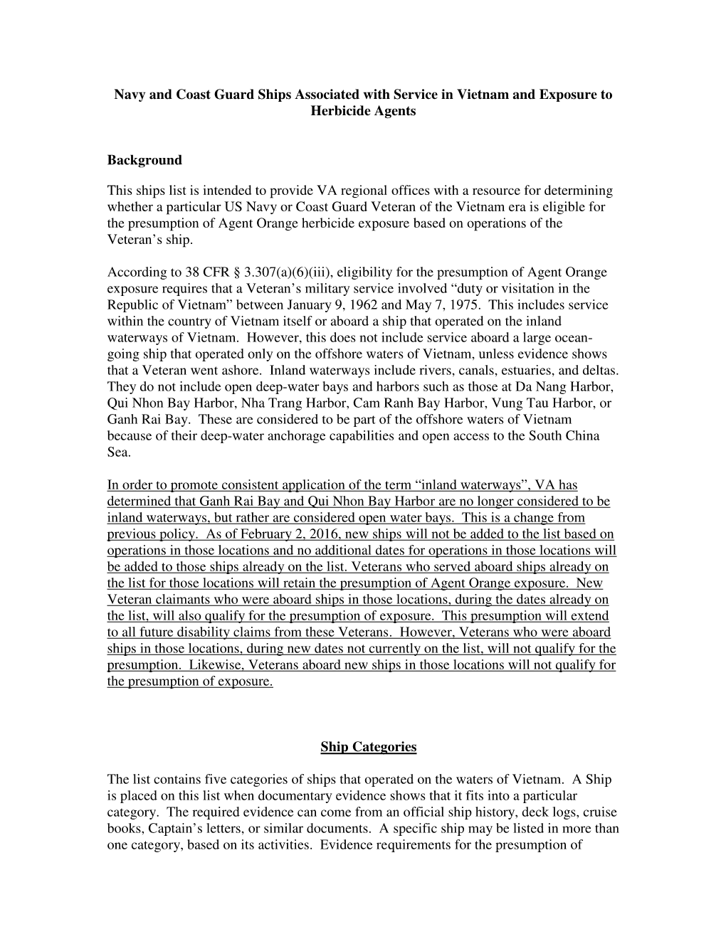 Navy and Coast Guard Ships Associated with Service in Vietnam and Exposure to Herbicide Agents