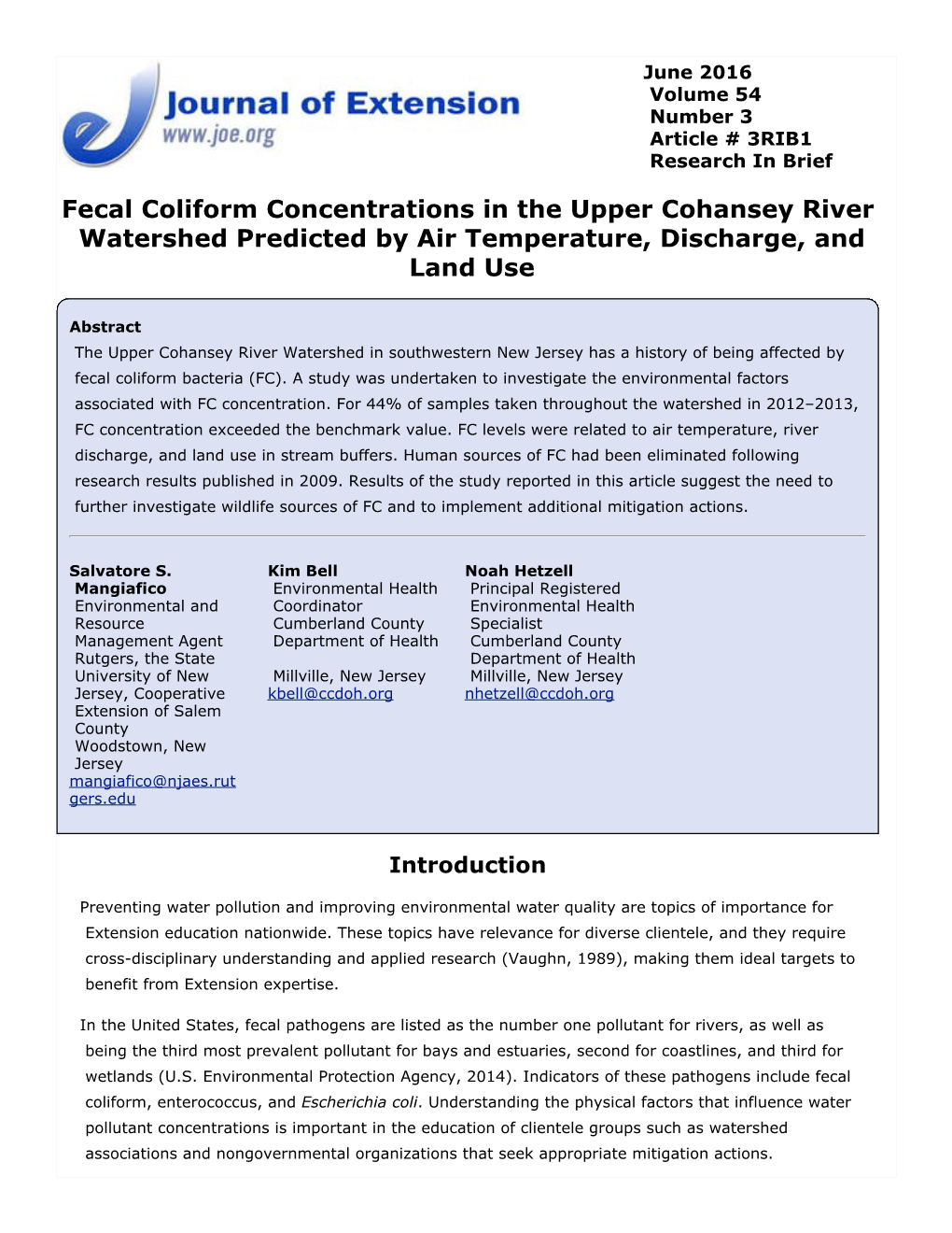 Fecal Coliform Concentrations in the Upper Cohansey River Watershed Predicted by Air Temperature, Discharge, and Land Use