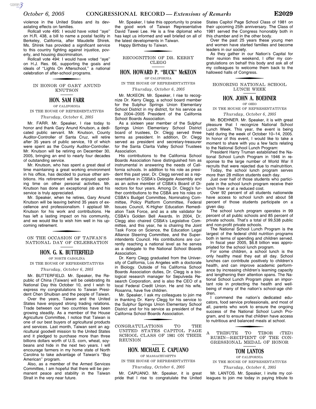 CONGRESSIONAL RECORD— Extensions of Remarks E2029 HON. SAM FARR HON. G. K. BUTTERFIELD HON. HOWARD P. ''BUCK'' Mckeon
