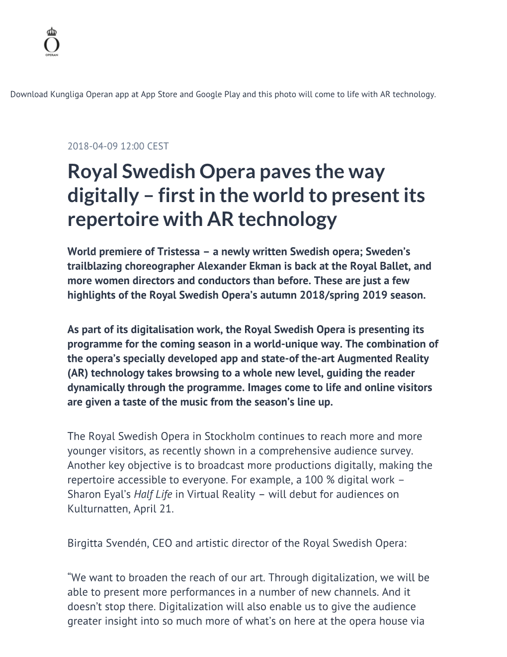 Royal Swedish Opera Paves the Way Digitally – First in the World to Present Its Repertoire with AR Technology