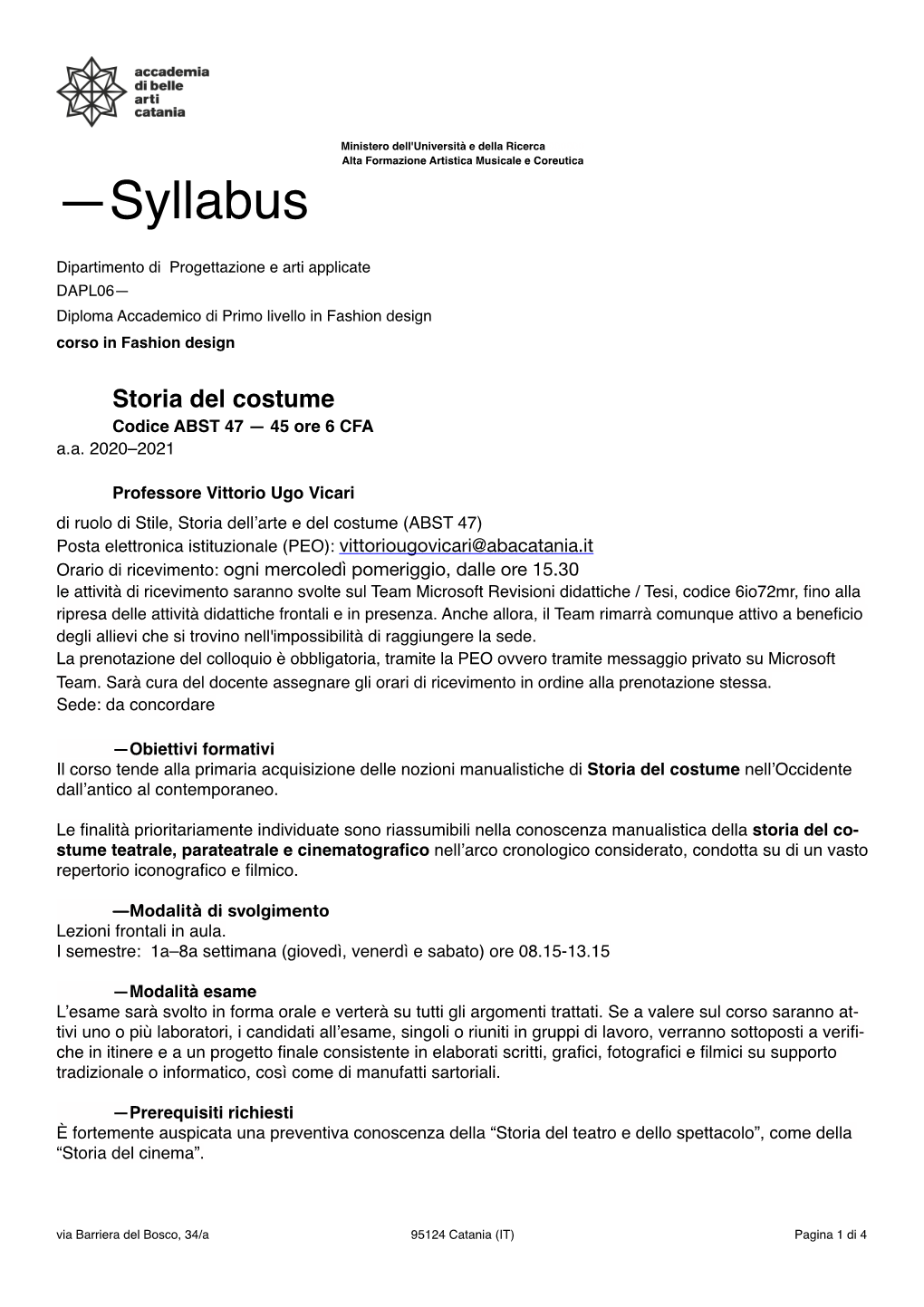 Vittorio Ugo Vicari Syllabus Storia Del Costume A.A. 2020-2021