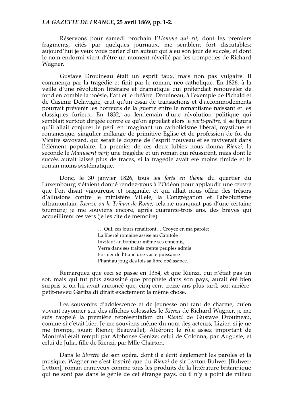 LA GAZETTE DE FRANCE, 25 Avril 1869, Pp. 1-2. Réservons Pour