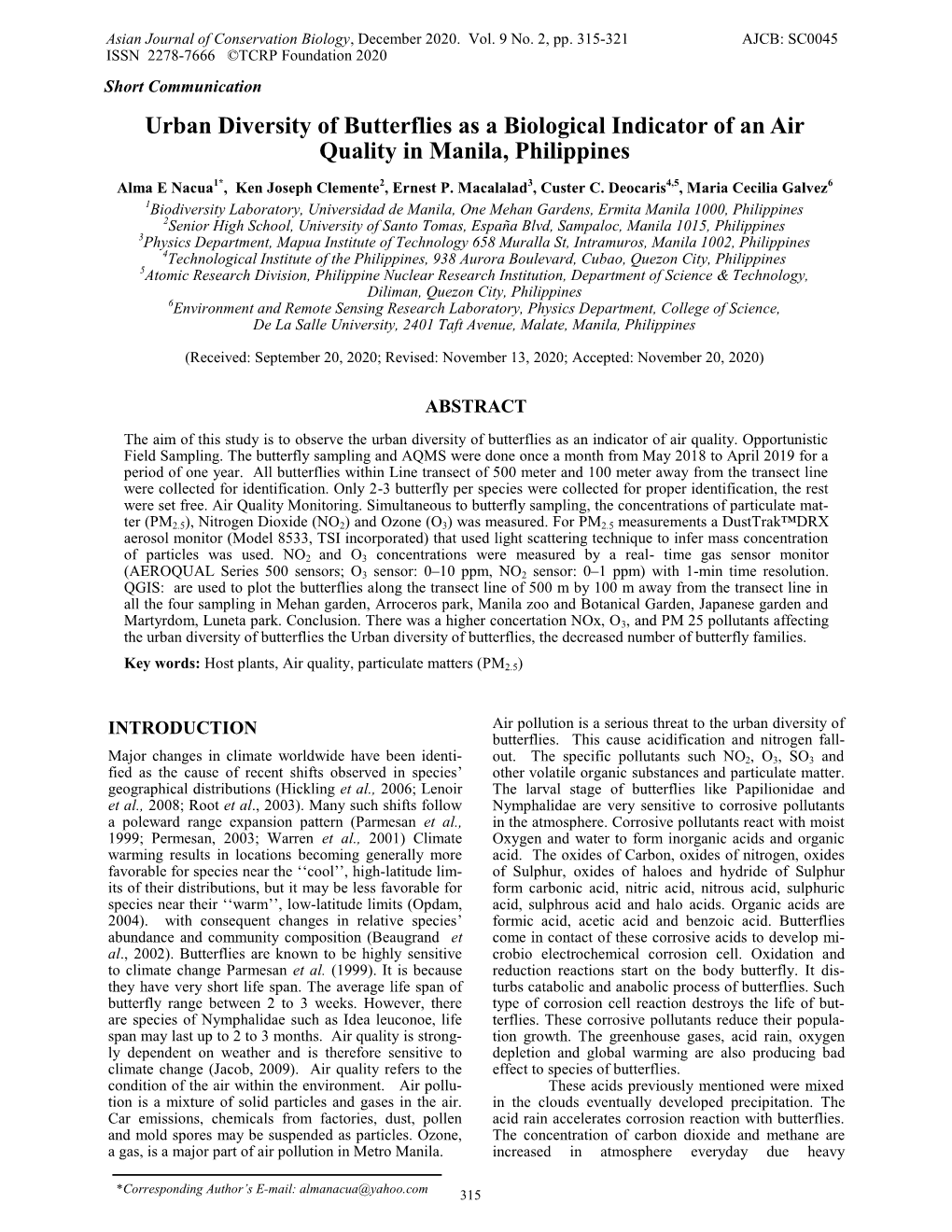 Urban Diversity of Butterflies As a Biological Indicator of an Air Quality in Manila, Philippines