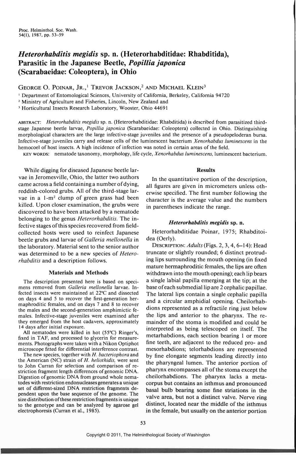 Heterorhabditis Megidis Sp. N. (Heterorhabditidae: Rhabditida), Parasitic in the Japanese Beetle, Popillia Japonica (Scarabaeidae: Coleoptera), in Ohio