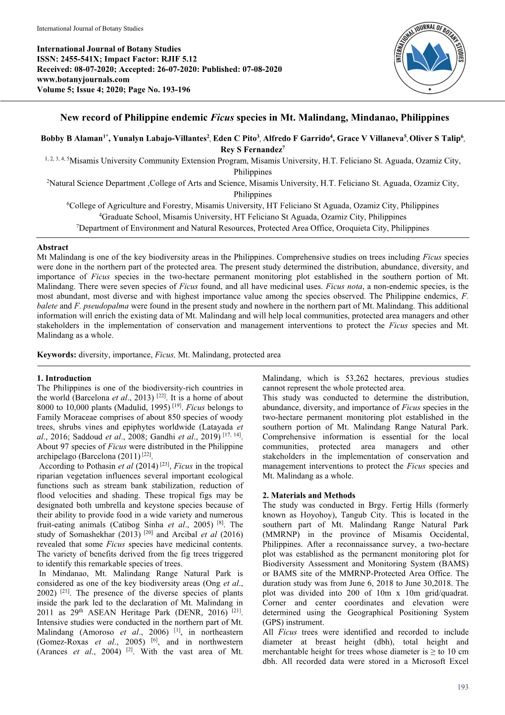 New Record of Philippine Endemic Ficus Species in Mt. Malindang, Mindanao, Philippines