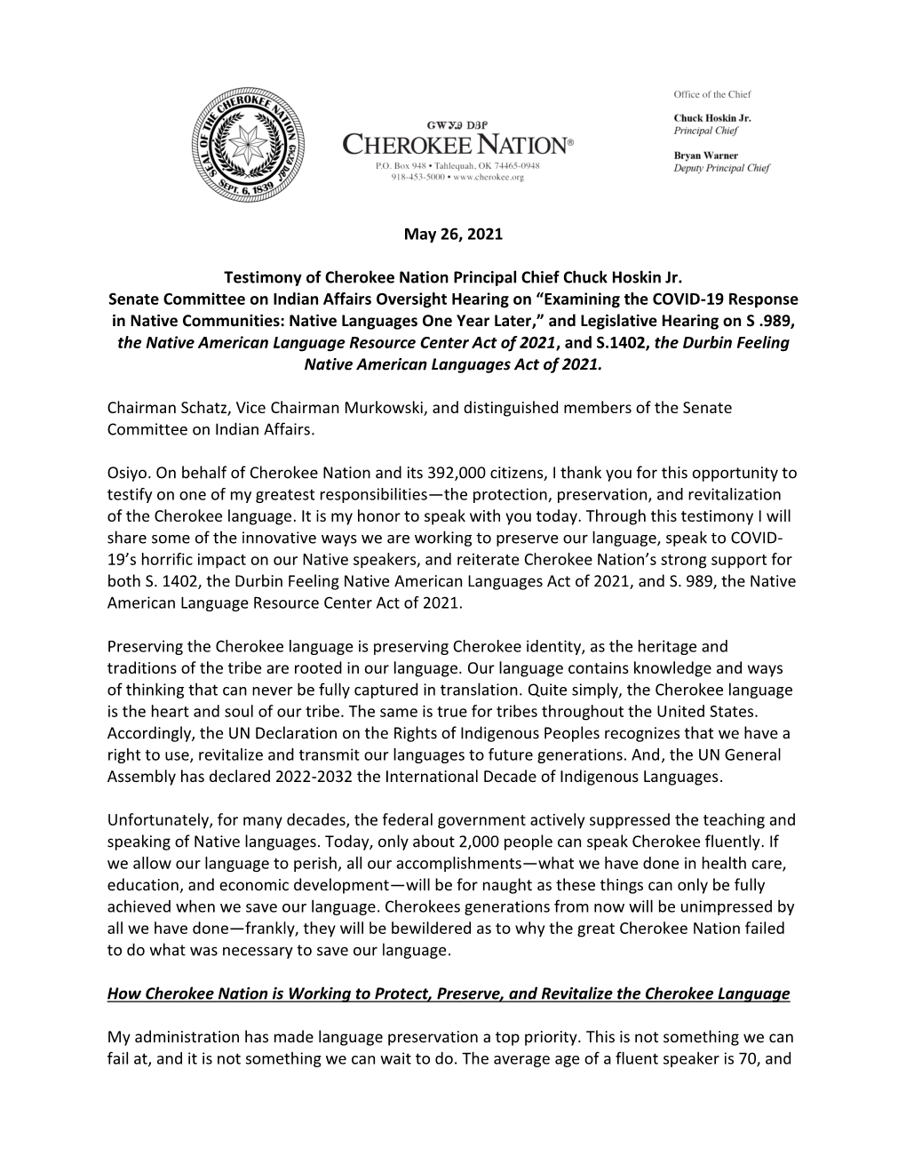 May 26, 2021 Testimony of Cherokee Nation Principal Chief Chuck