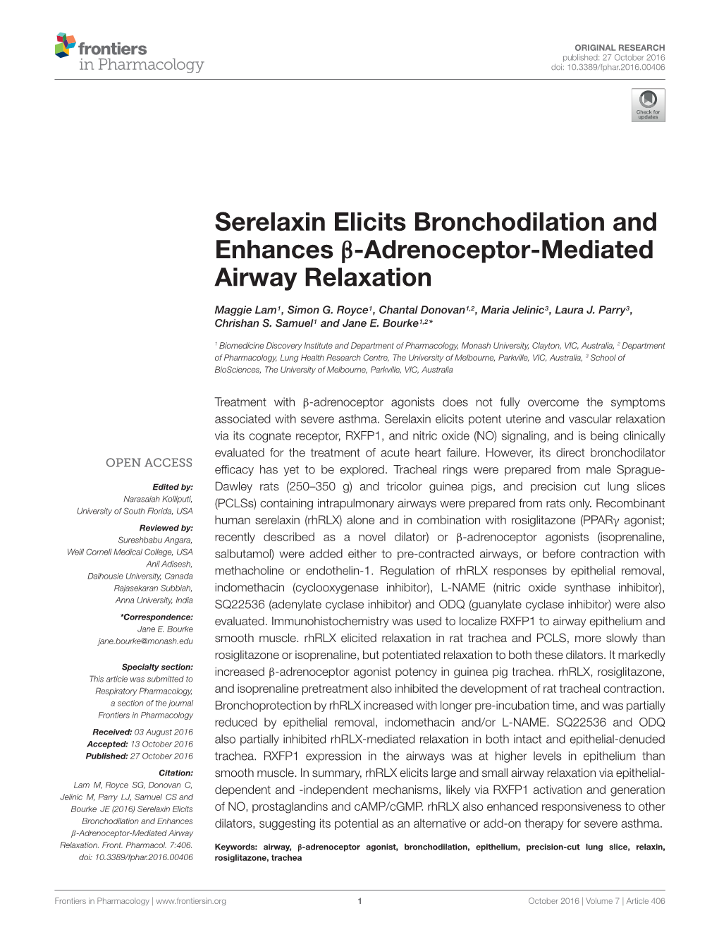Serelaxin Elicits Bronchodilation and Enhances Β-Adrenoceptor-Mediated Airway Relaxation