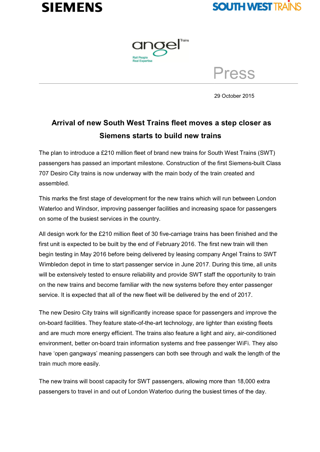 Arrival of New South West Trains Fleet Moves a Step Closer As Siemens Starts to Build New Trains