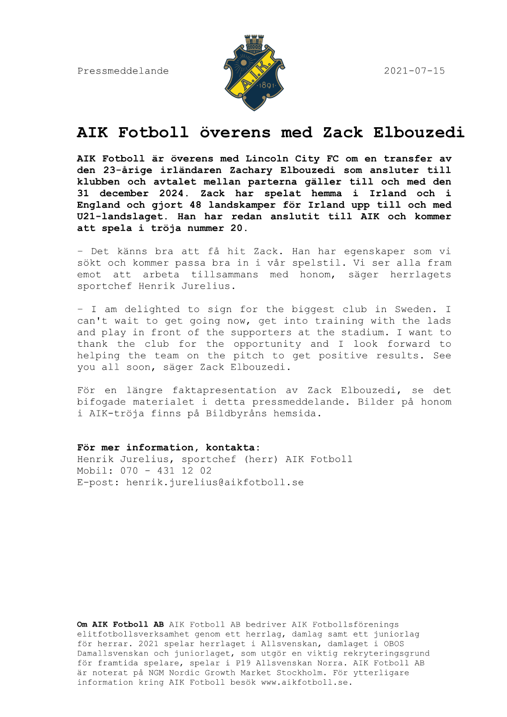 AIK Fotboll Överens Med Zack Elbouzedi