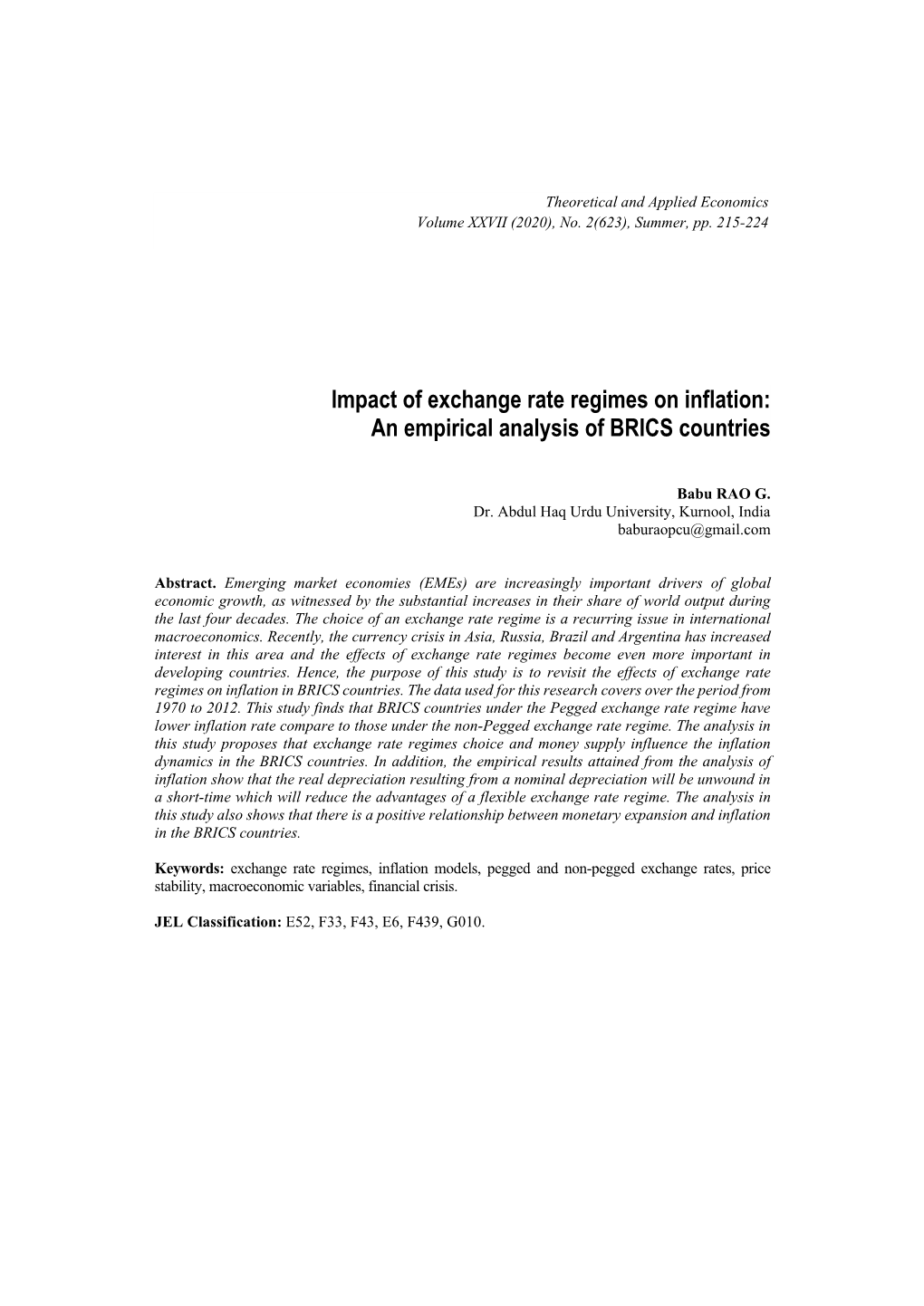 Impact of Exchange Rate Regimes on Inflation: an Empirical Analysis of BRICS Countries