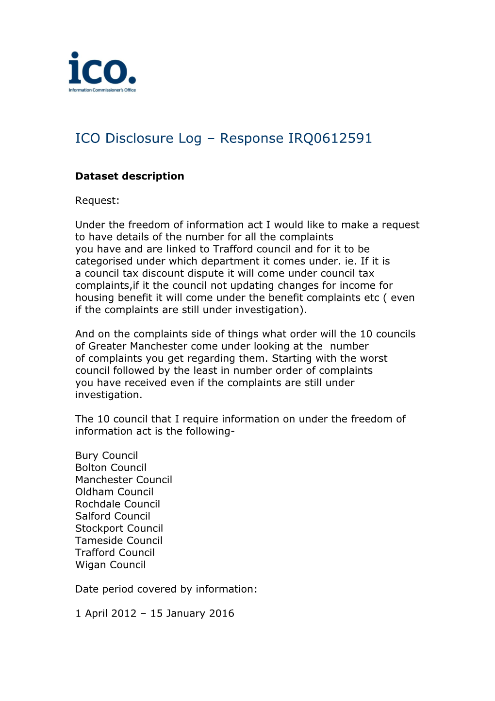 ICO Disclosure Log – Response IRQ0612591