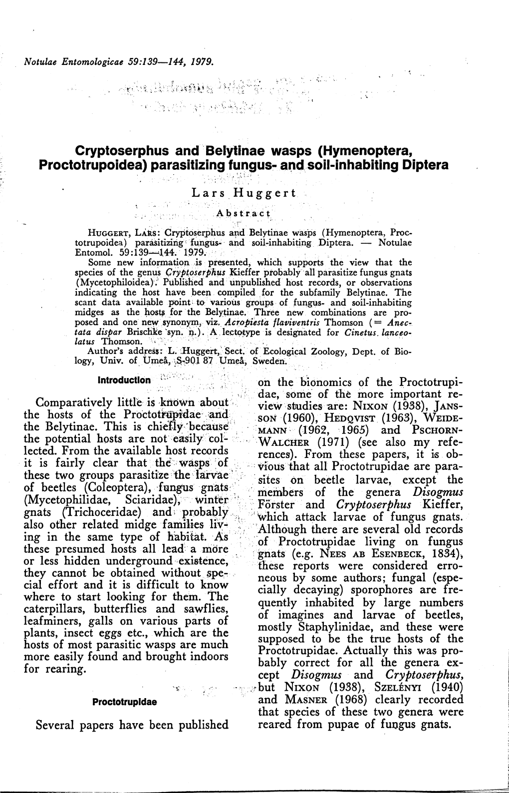 Cryptoserphus and Belylinae Wasps (Hymenoptera, Proctotrupoidea) Parasitizing Fungus-Al:1Dsoil-Inhabiting Diptera