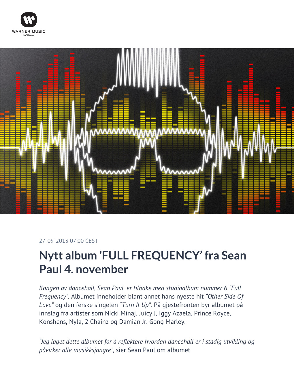 Nytt Album 'FULL FREQUENCY' Fra Sean Paul 4. November