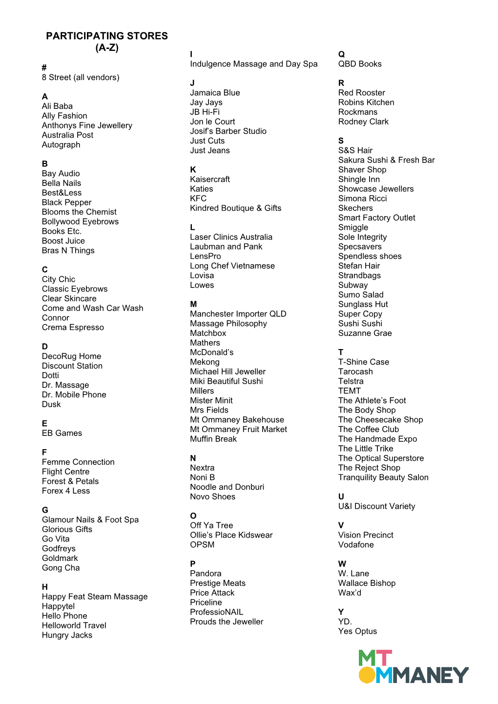 Participating Stores (A-Z)