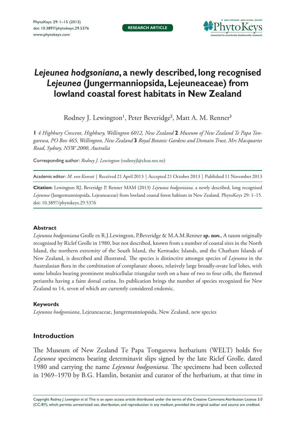 Jungermanniopsida, Lejeuneaceae) from Lowland Coastal Forest Habitats in New Zealand