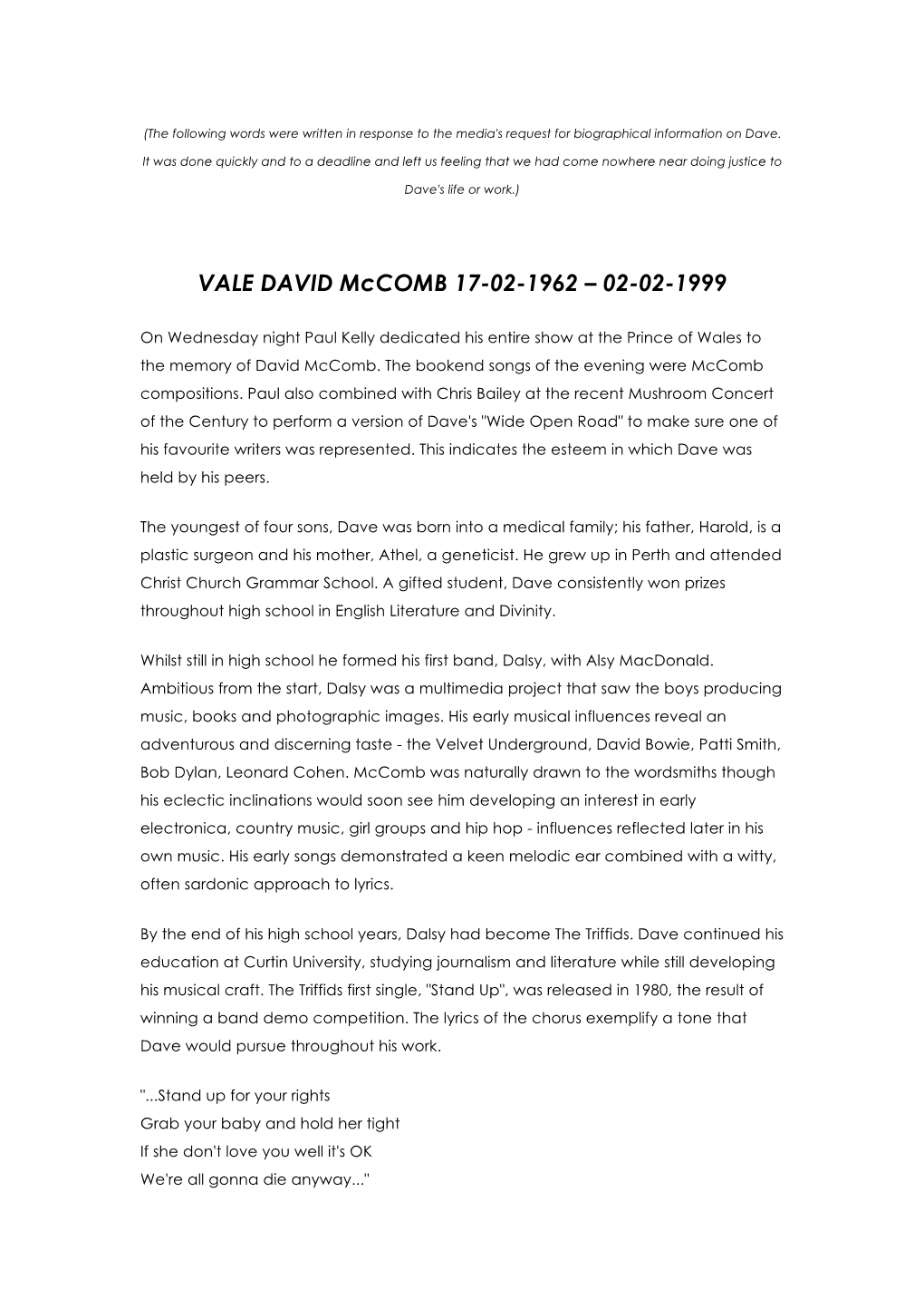 VALE DAVID Mccomb 17-02-1962 – 02-02-1999