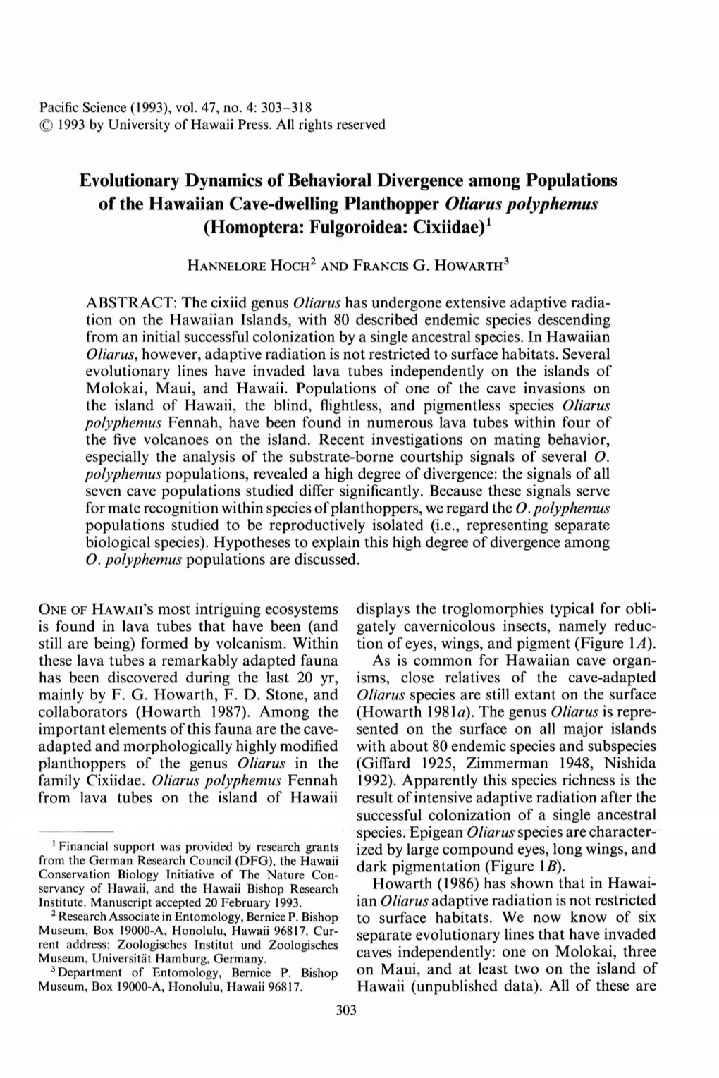 Evolutionary Dynamics of Behavioral Divergence Among Populations of the Hawaiian Cave-Dwelling Planthopper Oliarus Polyphemus (Homoptera: Fulgoroidea: Cixiidae)L