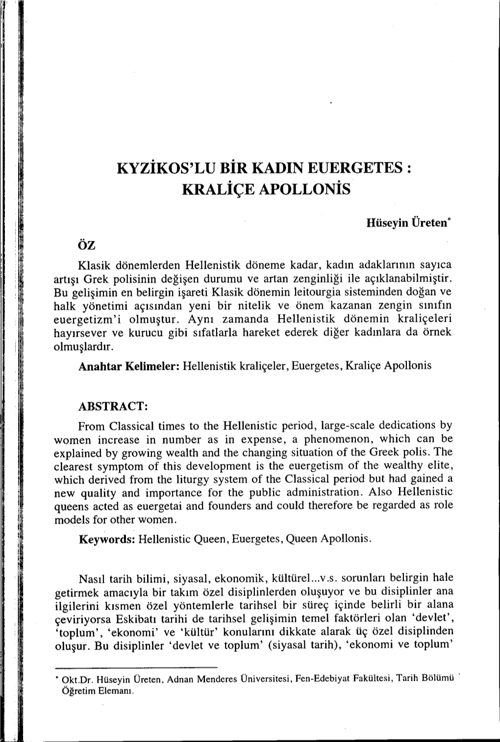 KYZİKOS'lu BİR Kadın EUERGETES : Kraliçe Apollonis