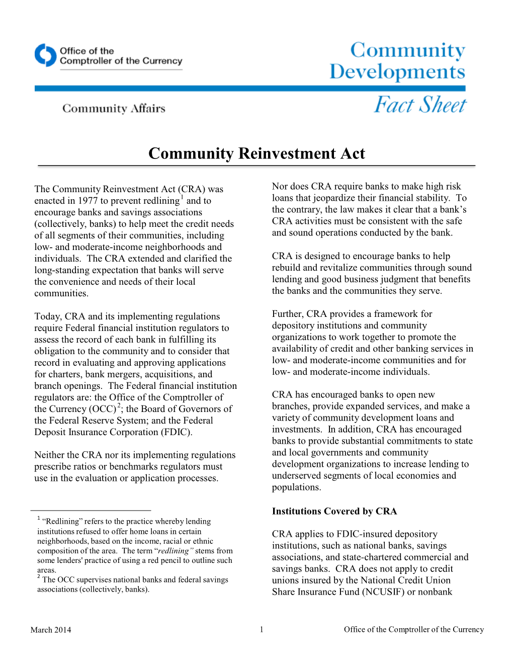 Community Reinvestment Act Fact Sheet