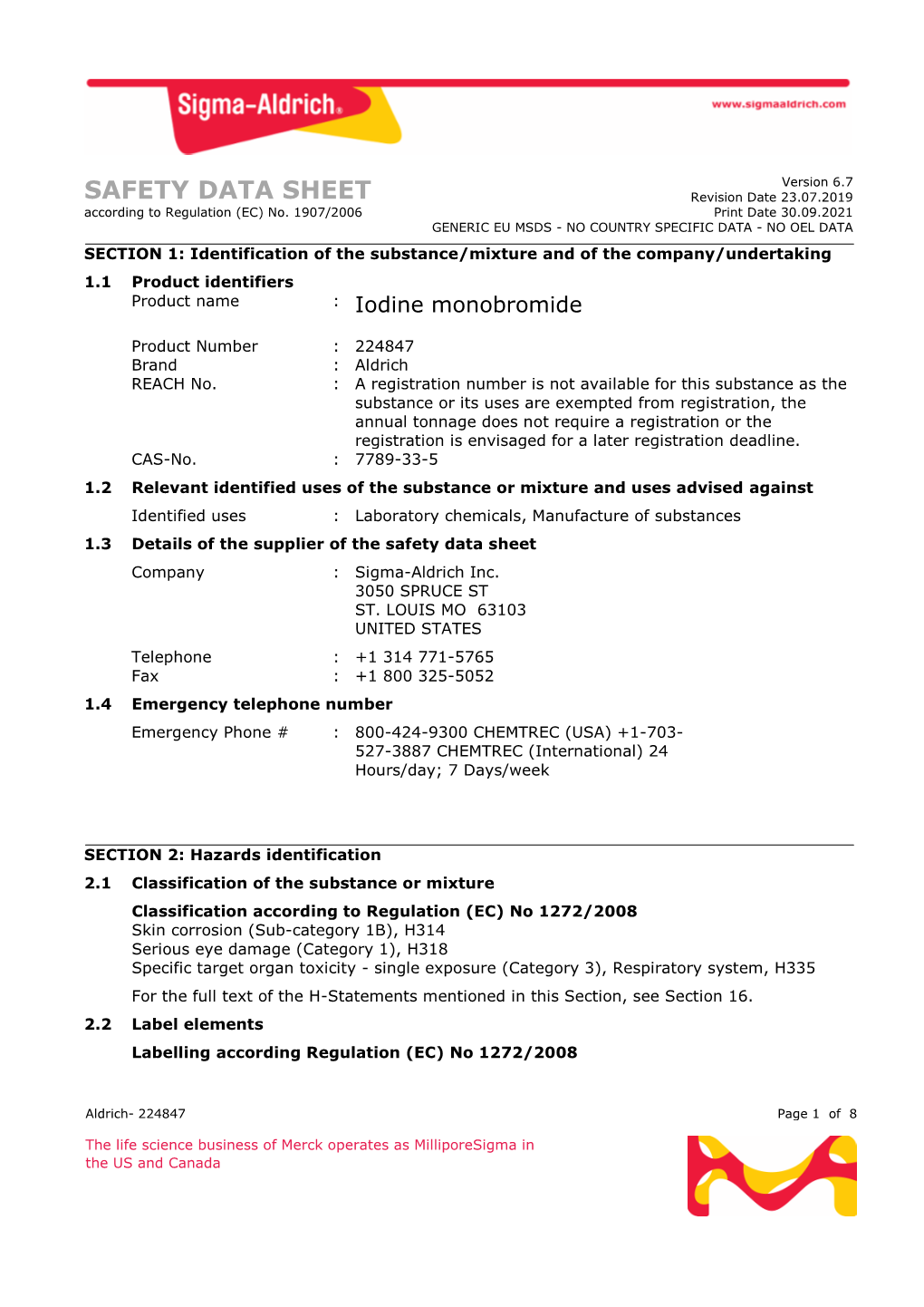 SAFETY DATA SHEET Revision Date 23.07.2019 According to Regulation (EC) No