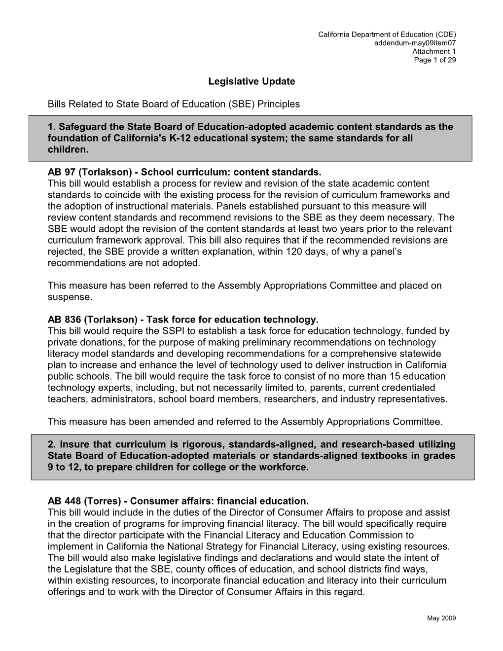 May 2009 Item 7 Attachment 1 - Meeting Agendas (CA State Board of Education)