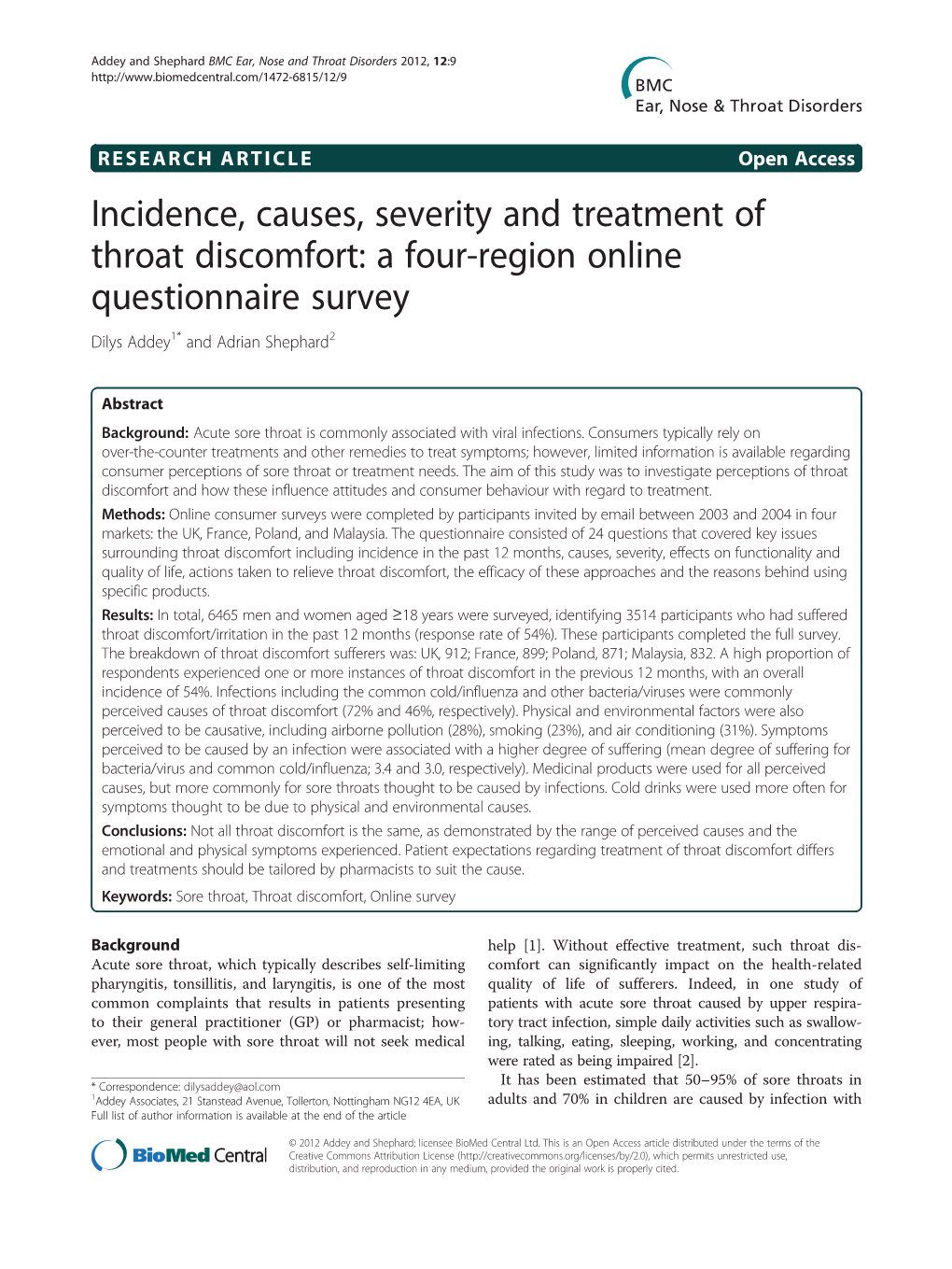 Incidence, Causes, Severity and Treatment of Throat Discomfort: a Four-Region Online Questionnaire Survey Dilys Addey1* and Adrian Shephard2