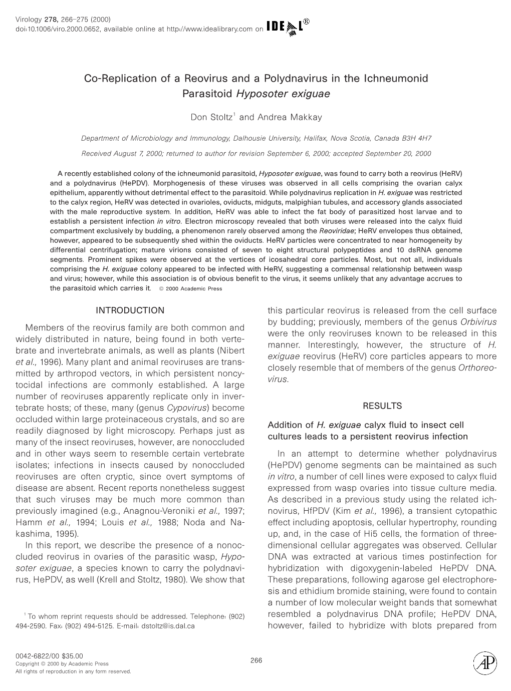 Co-Replication of a Reovirus and a Polydnavirus in the Ichneumonid Parasitoid Hyposoter Exiguae