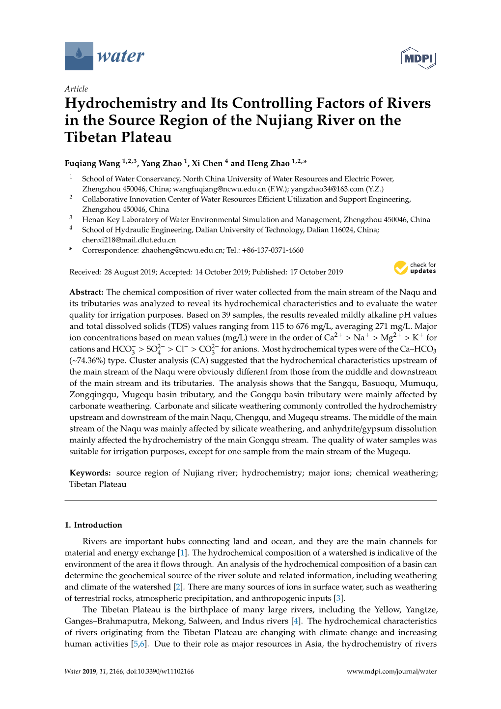 Hydrochemistry and Its Controlling Factors of Rivers in the Source Region of the Nujiang River on the Tibetan Plateau