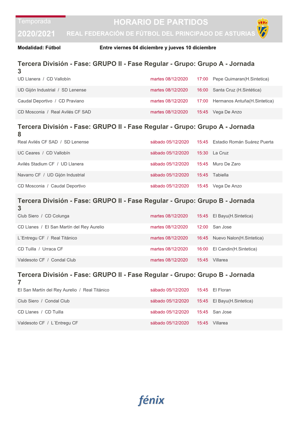 2020/2021 Horario De Partidos