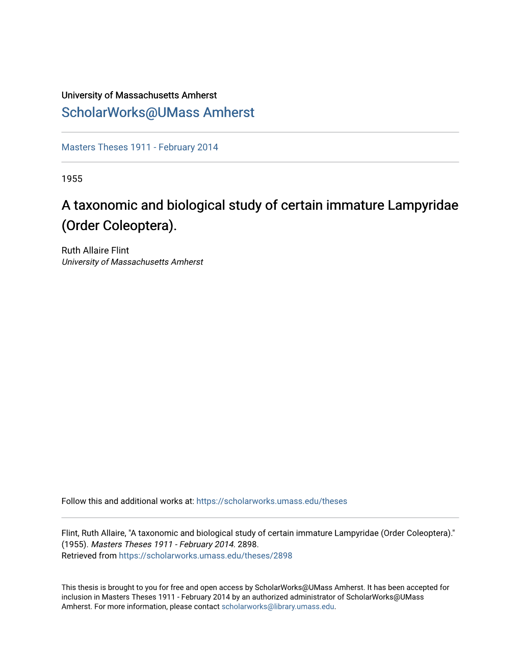 A Taxonomic and Biological Study of Certain Immature Lampyridae (Order Coleoptera)