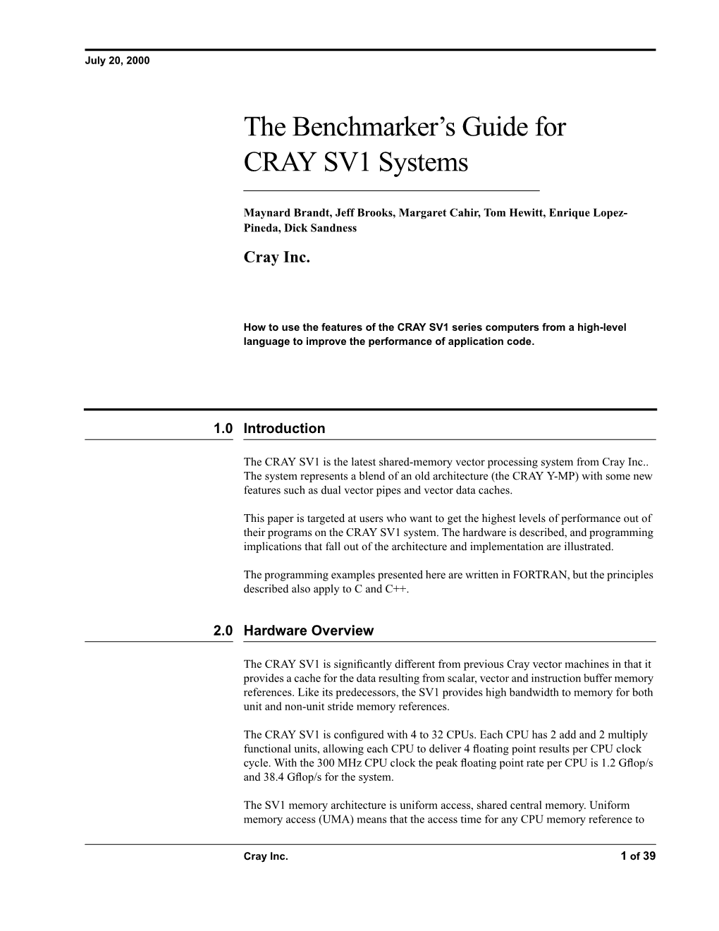 The Benchmarker's Guide for CRAY SV1 Systems