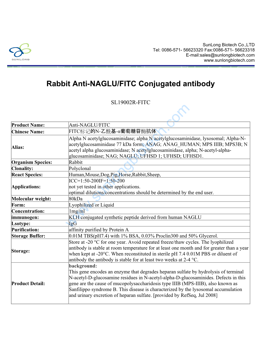 Rabbit Anti-NAGLU/FITC Conjugated Antibody