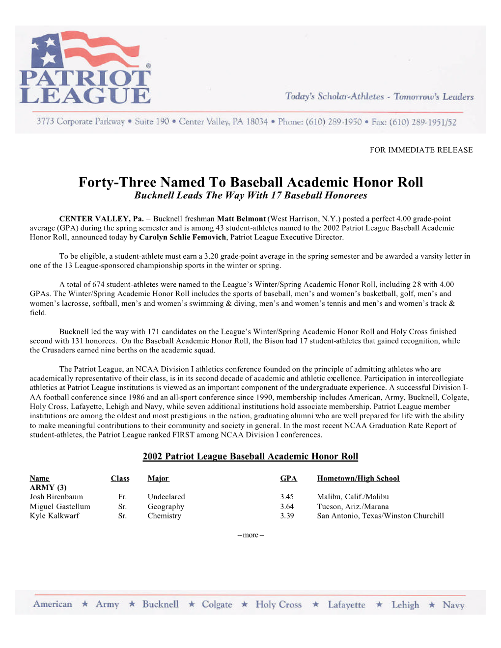 Forty-Three Named to Baseball Academic Honor Roll Bucknell Leads the Way with 17 Baseball Honorees