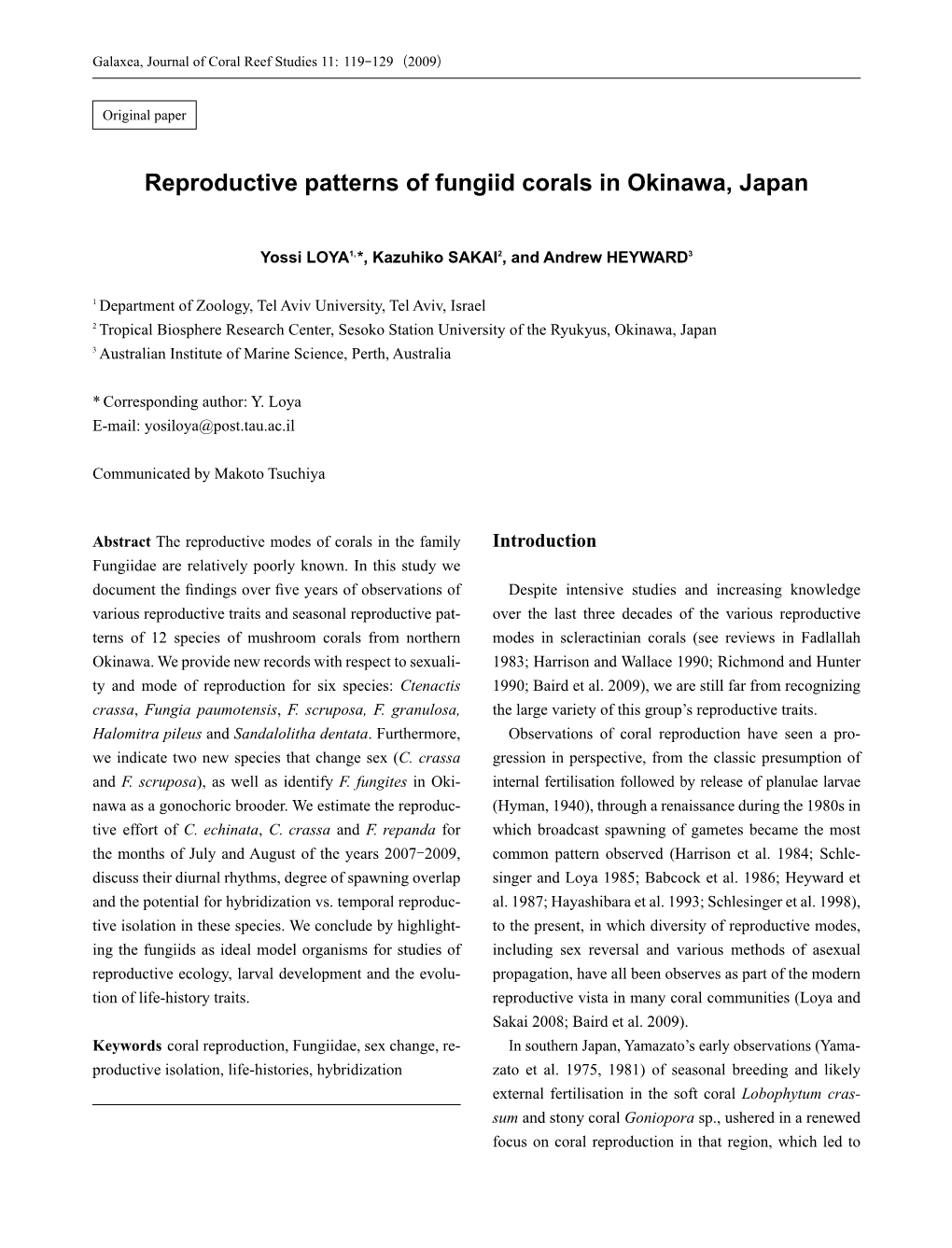Reproductive Patterns of Fungiid Corals in Okinawa, Japan